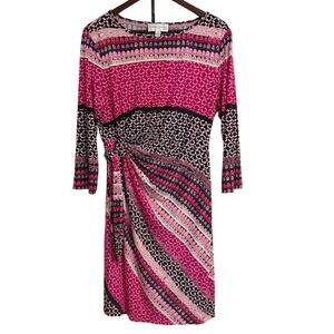 Donna Morgan Womens Faux Wrap Dress 16 Pink Geometric Print 3/4 Sleeve Mod Retro
